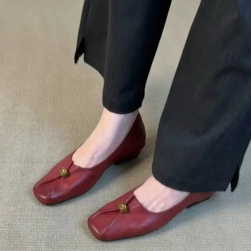 Fashion Women Female Square Toe PU Leather Loafers Shoes Woman Retro