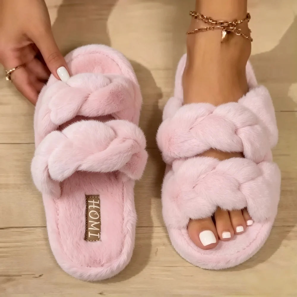 SHAJI Womens Open Toe Criss Cross Fuzzy Plush Cloud Cushion Slides
