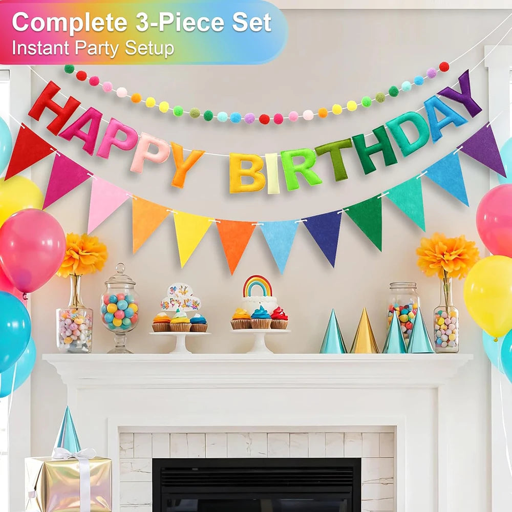 Felt Colorful Happy Birthday Banner Party Rainbow Fabric Garland Pom Zpaxo