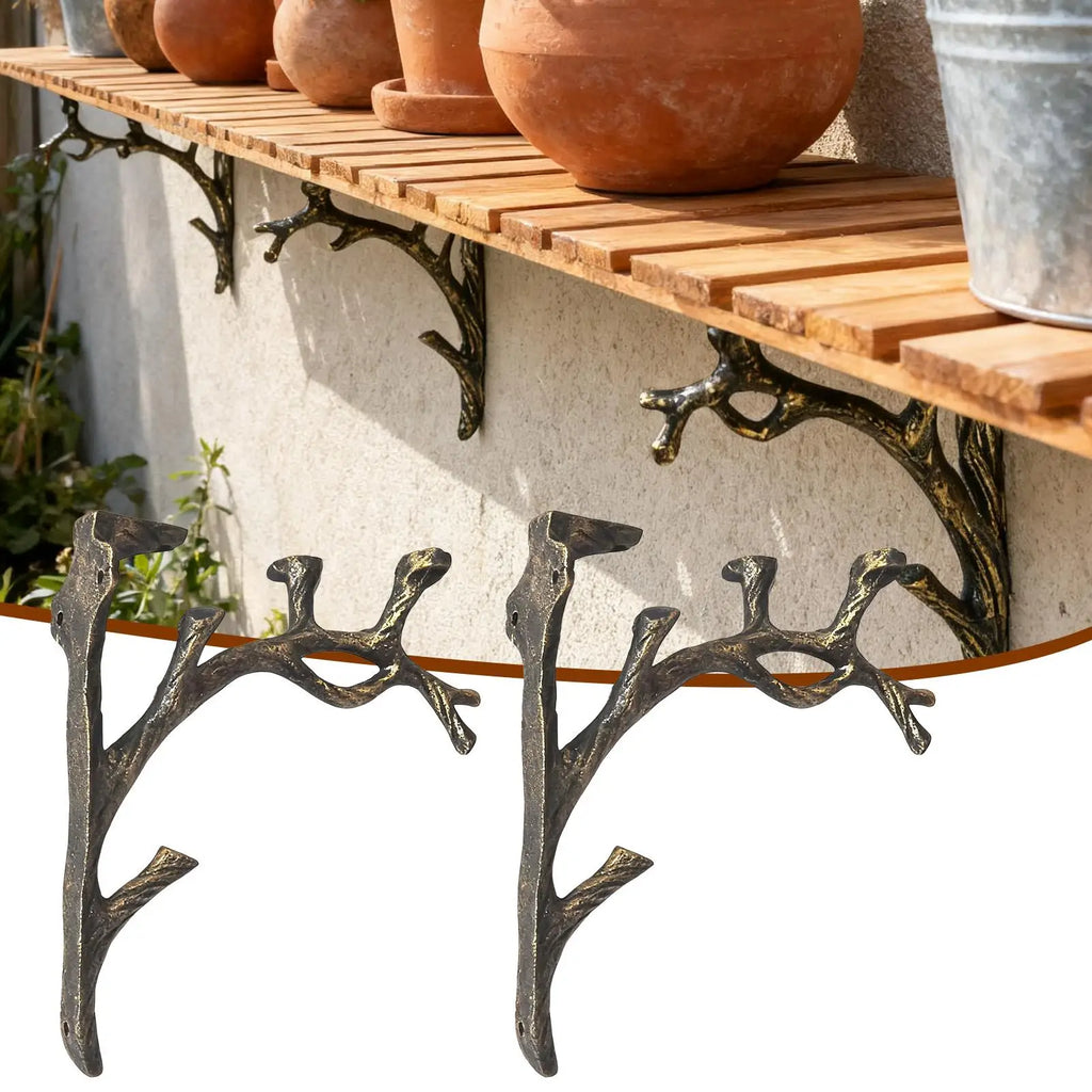 Floating Shelf Bracket Branch Wall Mounted Stand 2 Wood Shelves