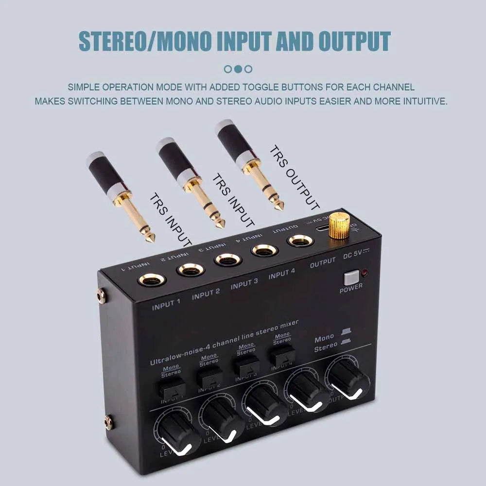 Professional Sound Mixer 4 Channel Mixer Stereo with 2pcs 6.5 3.5mm Converter RCA Output Mixer Mini Low Noise Sound Mixer Zpaxo