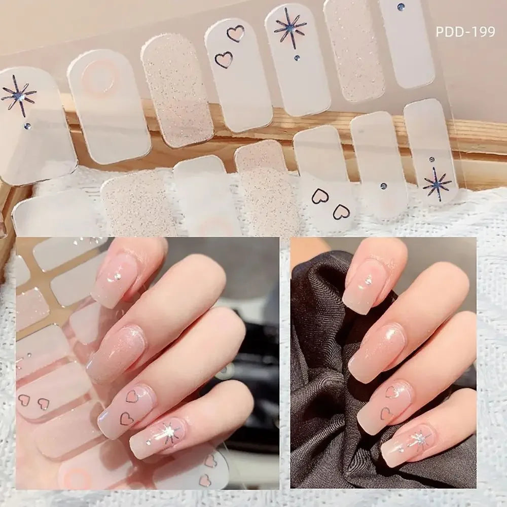 14Strips Gel Nail Stickers Full Cover Floristic Art Semi Cured Polish