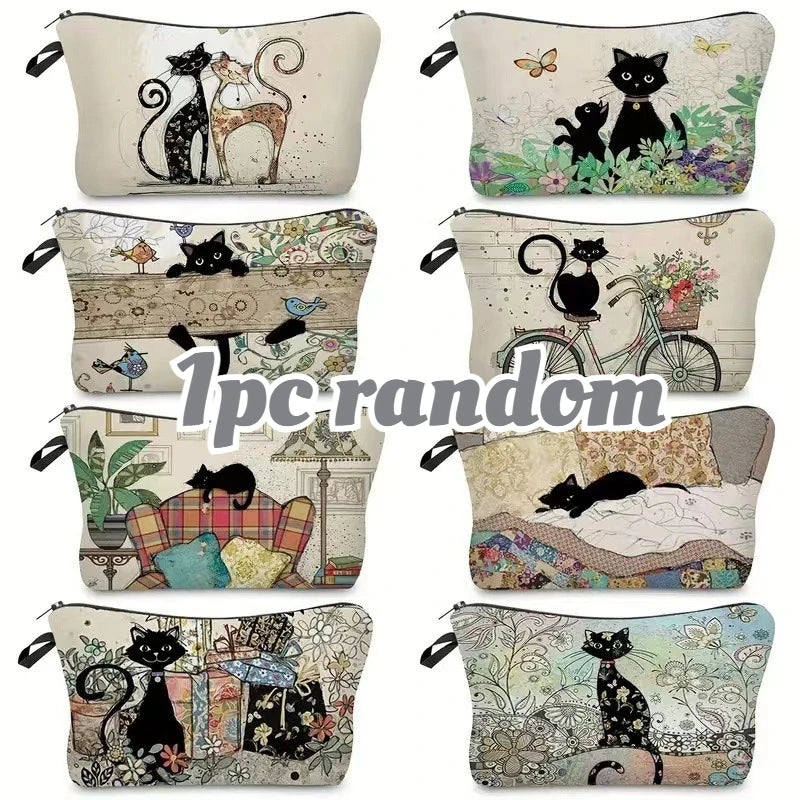 Black Cat Floral Zipper Pouch Durable Fade-resistant Cosmetic Bag