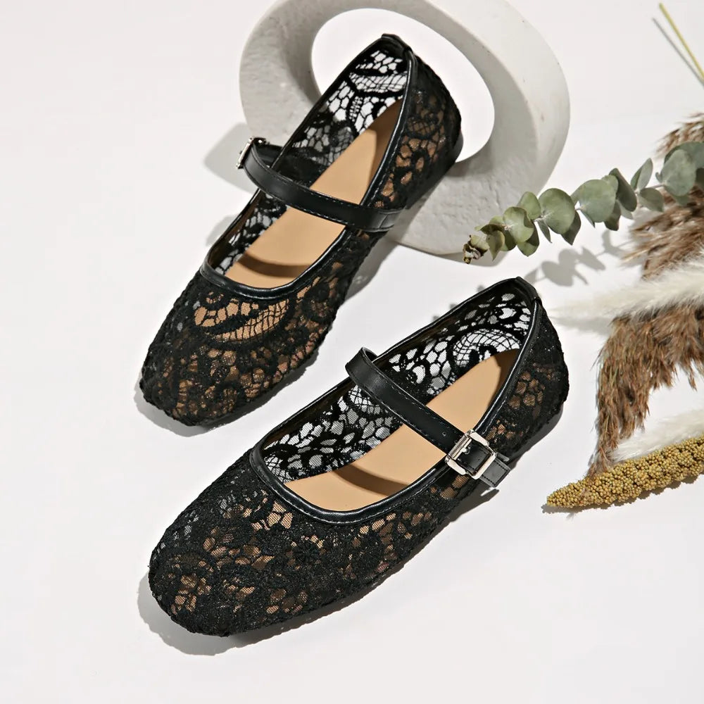 Fashion Lace Mary Jane Shoes for Women Casual Comfortable Ballet Flats Sweet Women Soft-soled Flat Hollow Out Ventilate Sandal Zpaxo