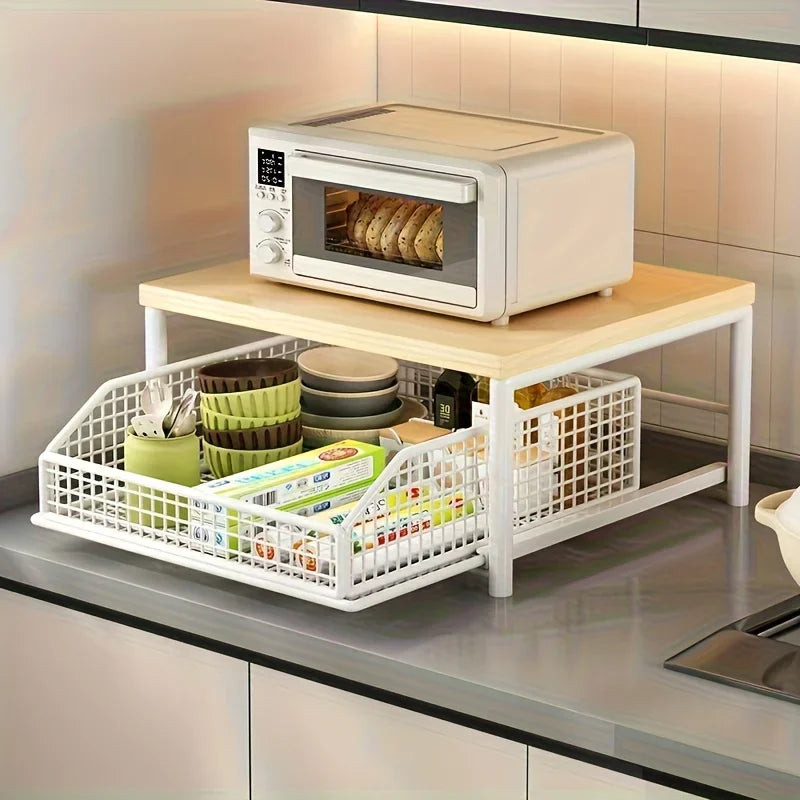 Maximize space! Sturdy hardwood shelf with drawer & wire basket. Perfect for coffee maker. Neat & compact. Zpaxo white19