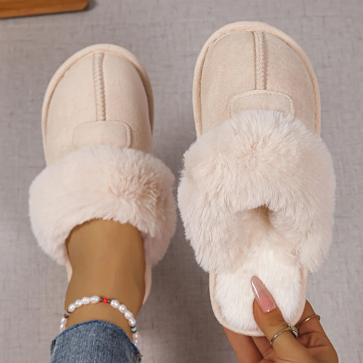 Woman Cotton Slippers 2025 New Closed Toe Warm Slippers Women Thicken Plush Winter Home Shoes Lightweight Indoor Slides Woman Zpaxo Beige 42-43