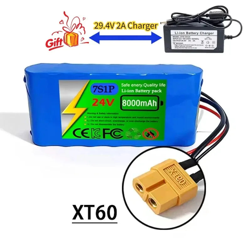 7S1P -24V 18650rechargeable Lithium Battery Pack 8000mAh with BMS Protection Board 29.4V 2A Charger Monitoring Unicycle Battery Zpaxo XT60 plug