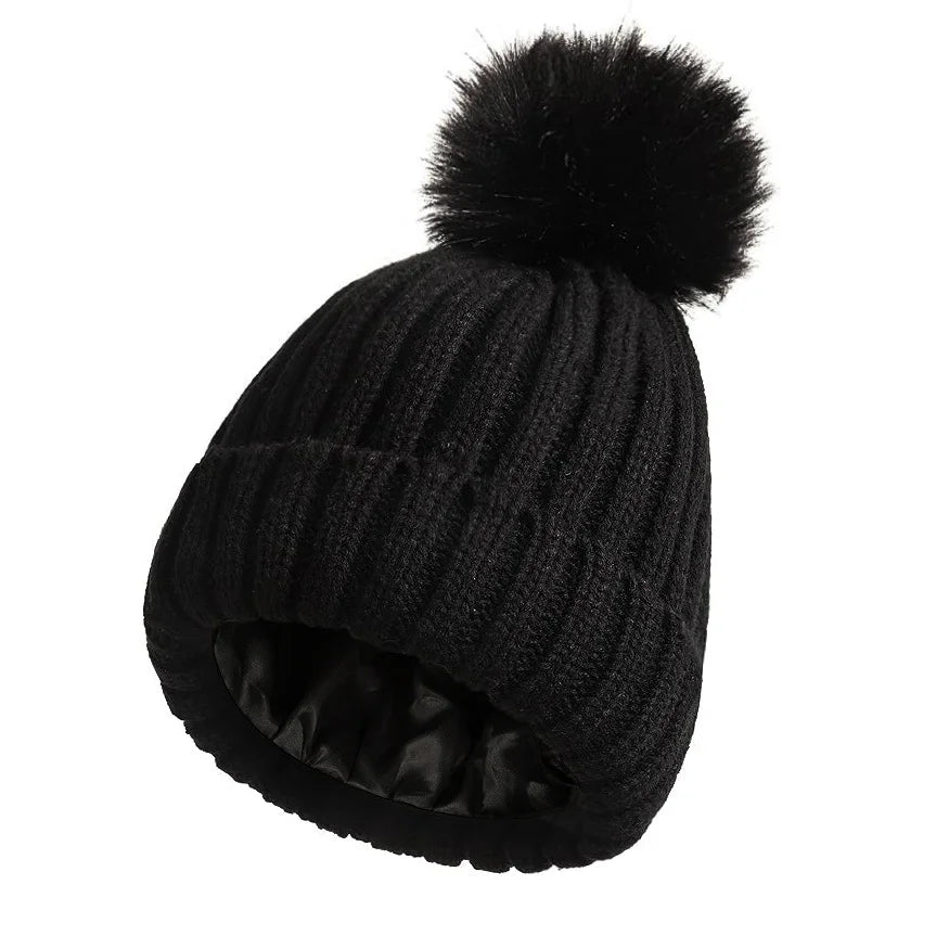 Satin-Lined Knit Beanie | Soft Pom-Pom Winter Hat Unisex