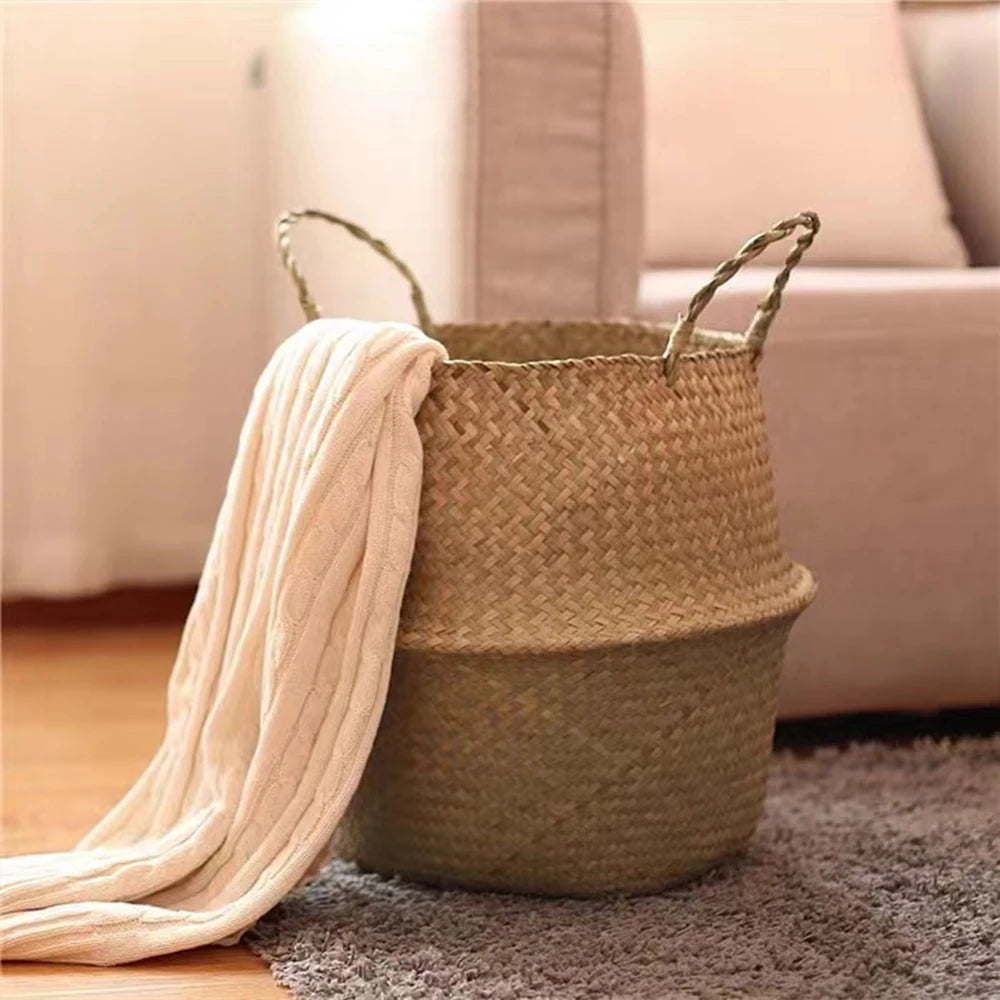 Plant Basket with Handles Wicker Basket Plant Pot Storage Basket Rattan Hanging Flower Pot Laundry Home Decor Zpaxo