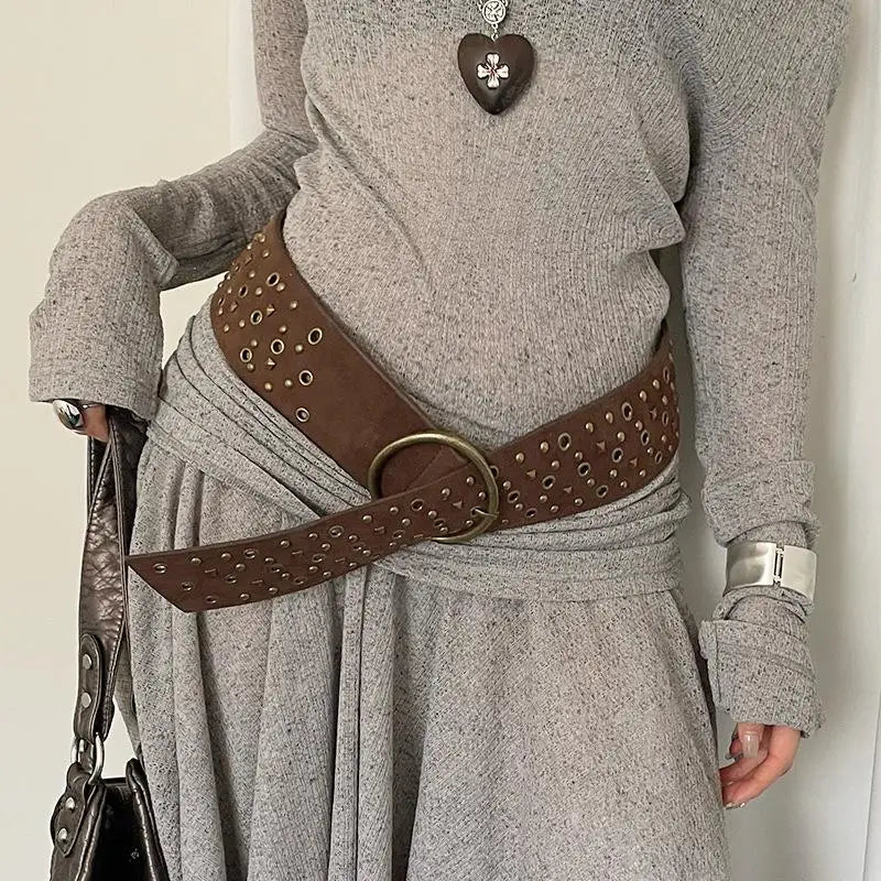 Retro Suede Rivet Belt Punk Gothic Western Cowgirl Wide Cummerbunds Zpaxo