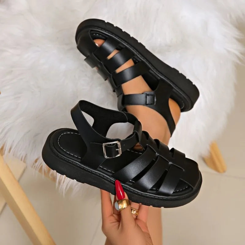 Women's Round Closed Toe Hollow Out Breathable Mid Heel Sandals Zpaxo black 36