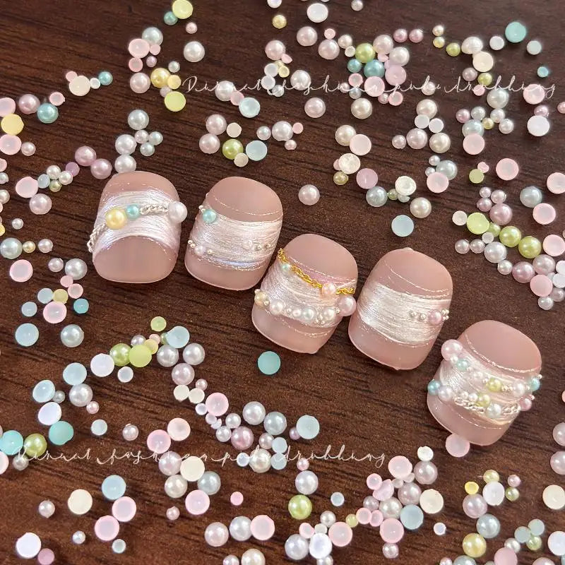 12-Grid 3D Pearl Nail Charms – Colorful Semi-Circle Bead Set