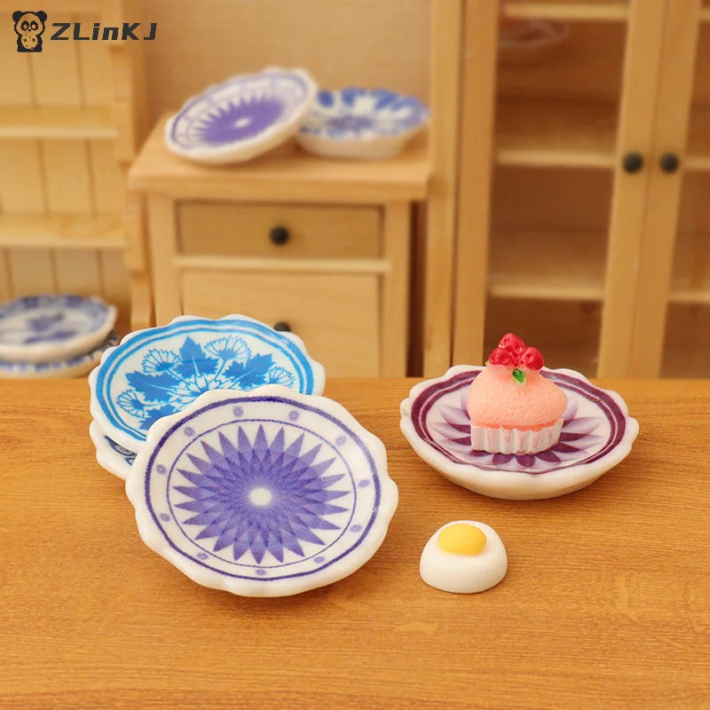 ▶5Pcs 1:12 Dollhouse Miniature Dining Plates Doll Home Simulation Kitchen Tableware Accessories Dolls House Scene Decor Toy Zpaxo