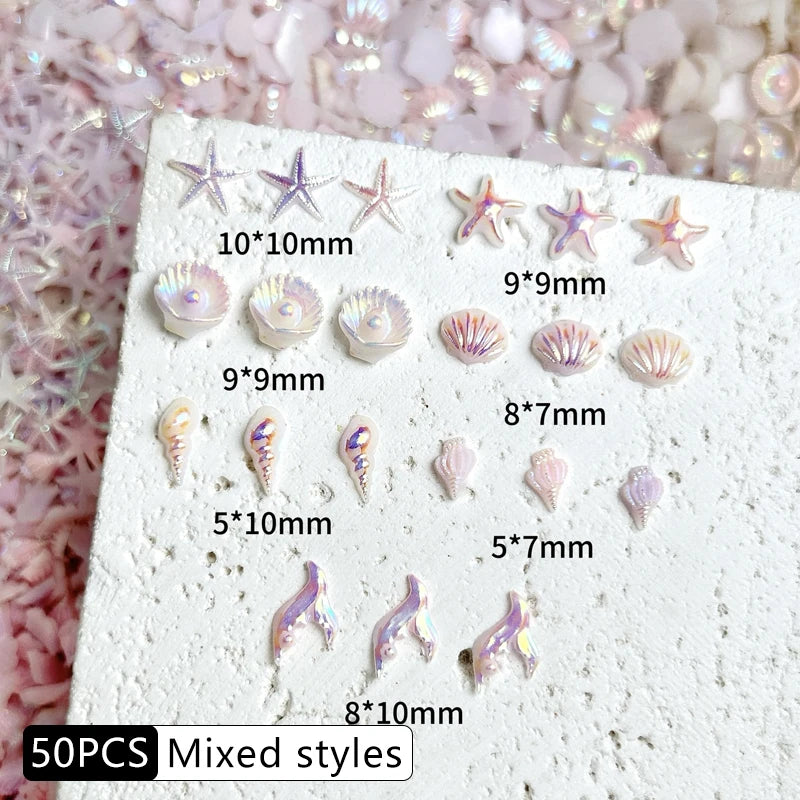 30PCS 3D Ocean Series Resin Nail Charms Summer Nail Rhinestones Creative Starfish Shell Nail Art Decorations for DIY Manicure Zpaxo Pink mixing-50pcs