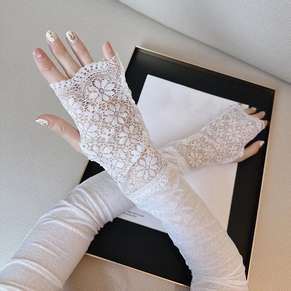 Fashion Ice Silk Sun Protection Sleeves Lace Long Fingerless Sunscreen Sleeves Elastic UV Protection Arm Sleeve Summer Outdoor Zpaxo