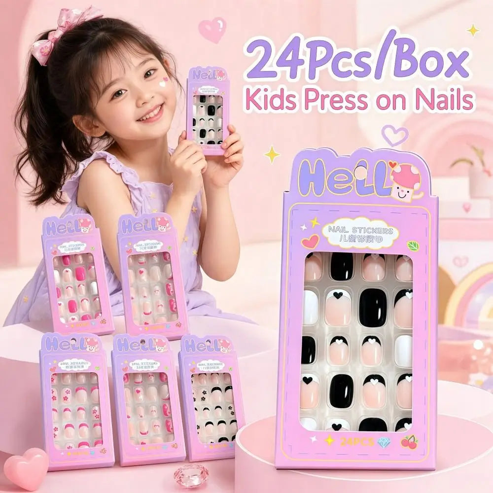 Box Cartoon Press Nails French Black Flower Tips False Almond-shaped Zpaxo