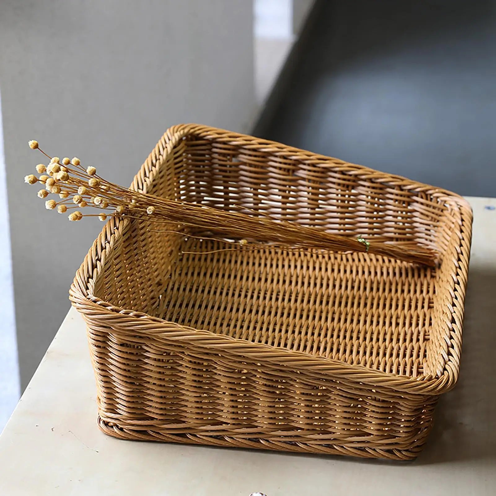 Handmade Woven Storage Boxes Straw Baskets Rectangle Cosmetic Gadgets