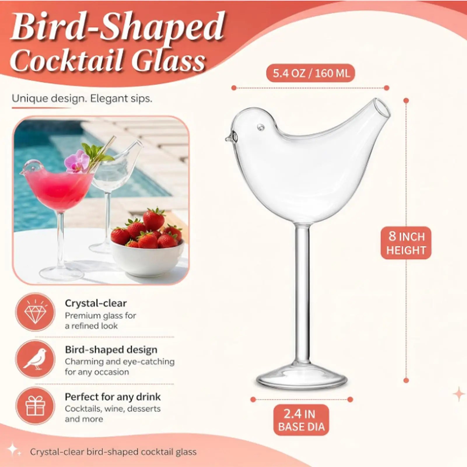 Cocktail Glasses 4-Piece Funny Bird Bar Decor Clear Drinking