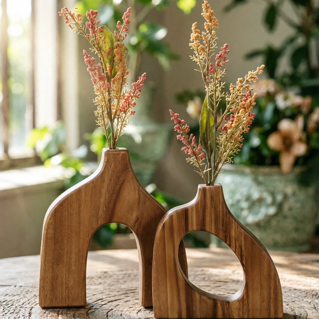 2-Pack Wooden Vases – Scandinavian Tabletop Centerpiece Decor
