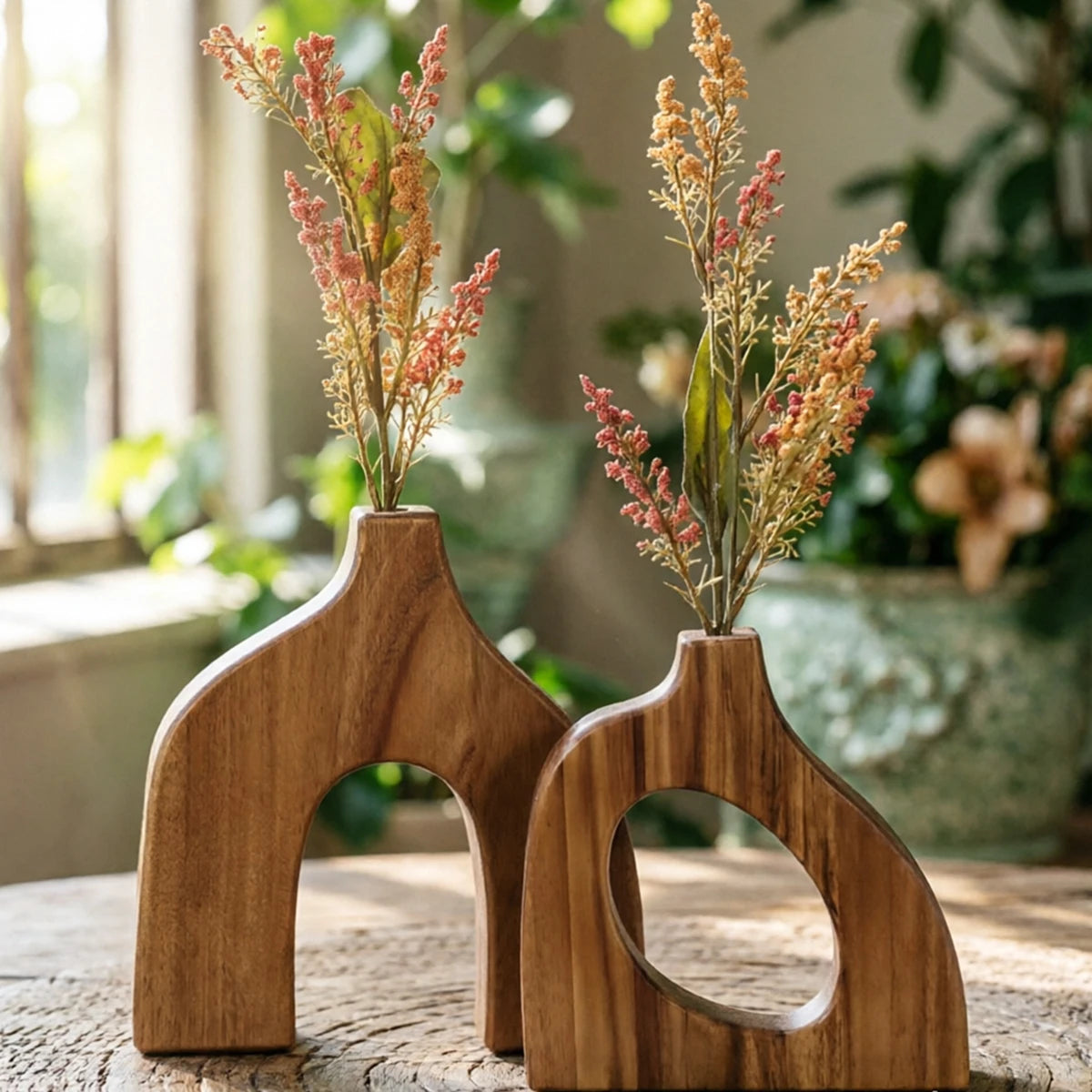 2-Pack Wooden Vases – Scandinavian Tabletop Centerpiece Decor
