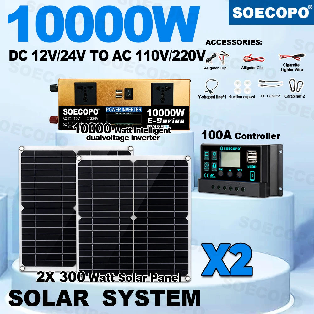 10000W Complete Solar Power Kit 600W Panel + 100A Controller + 10000W Inverter 12V/24V to 110V/220V Emergency Backup for Home, Zpaxo