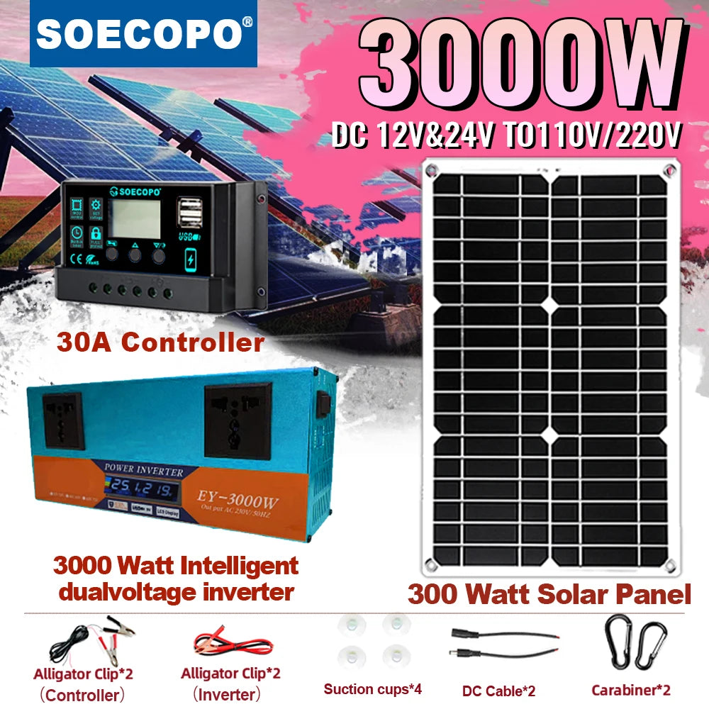 Complete solar power kit with 3000W inverter, panels and 30A controller for renewable energy off-grid and emergency power supply Zpaxo 12V24V TO 220V 50HZ