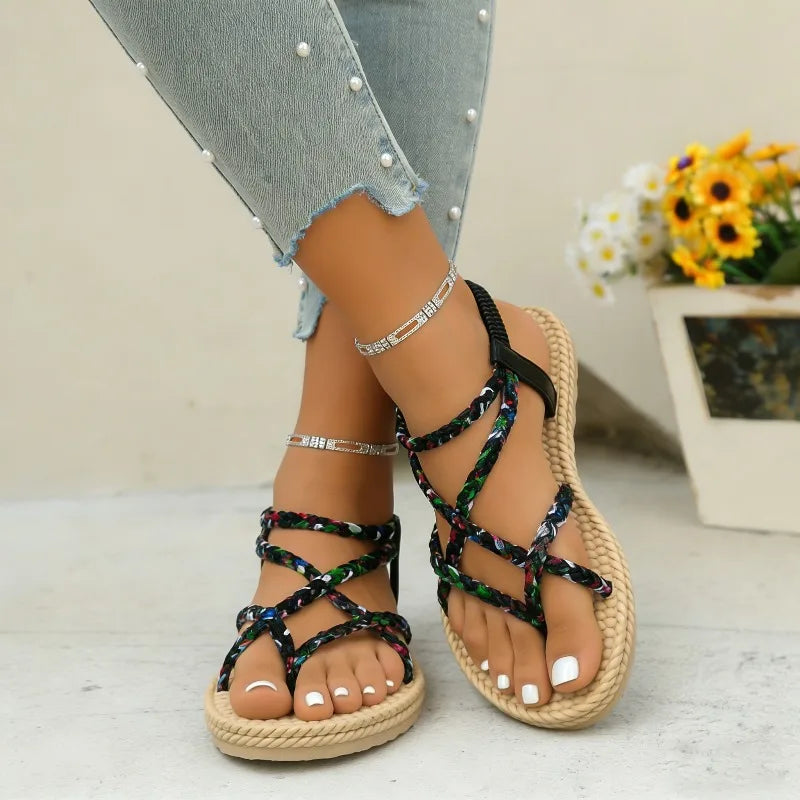Women Sandals Printed Cross Band Roman Shoes Woman Bohemian Style Braided Strap Flat Sandals Women Summer Clip Toe Beach Shoes Zpaxo