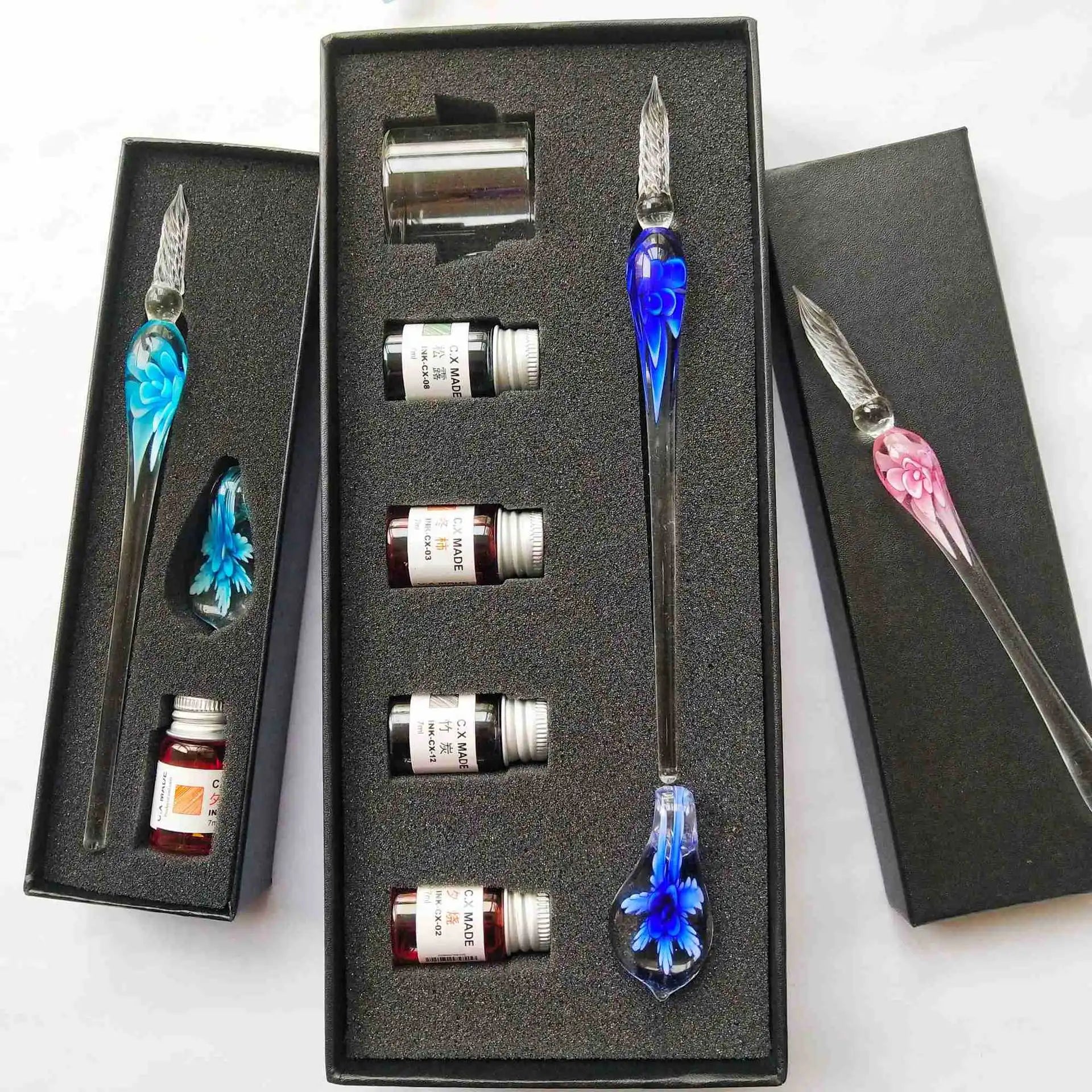 Embedded Flower Glass Dip Pen Set – Starry Sky Gold Ink Gift