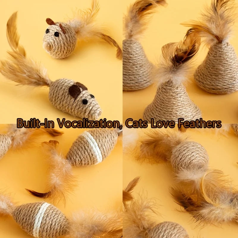7PCS Feathered Sisal Cat Toy Set, Cat Self Hi Interactive Gnawing Teasing Cat Pet Toys Zpaxo