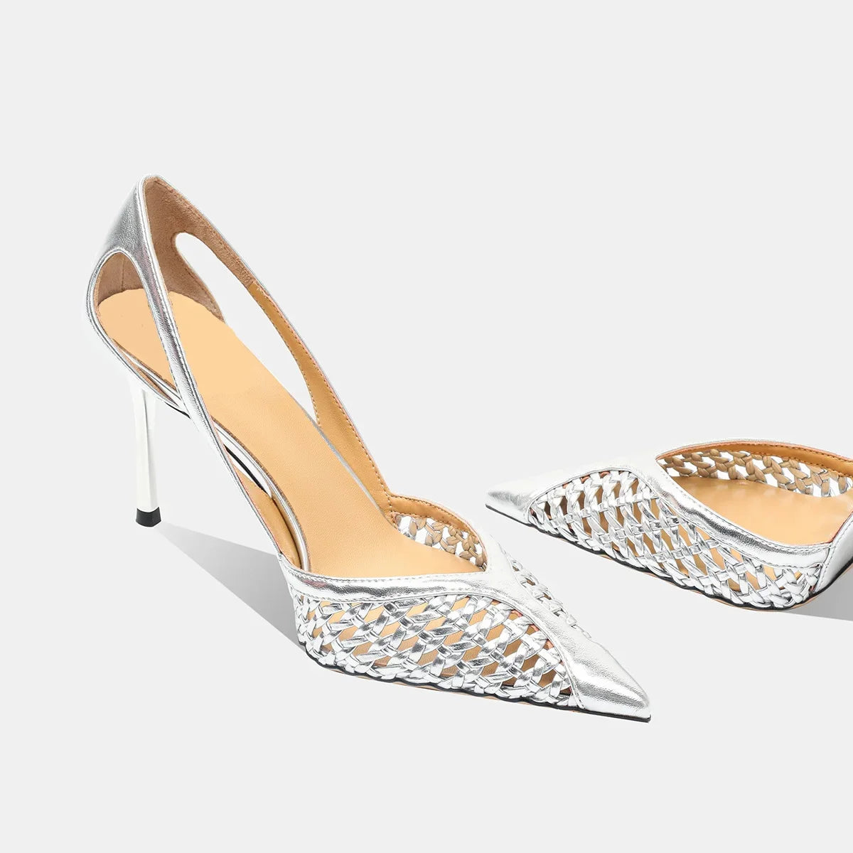 Women Pumps Fashion Hollow Weaving Shoes Pointed Tip Heels Stiletto Zpaxo