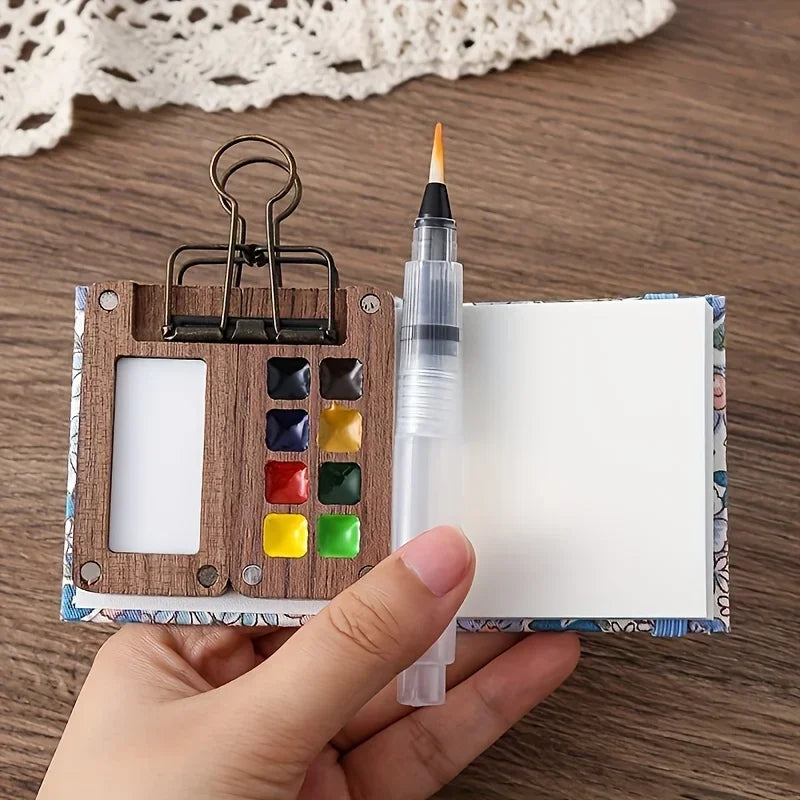 Mini Wooden Watercolor Palette Set – 8/15 Grid with Brushes