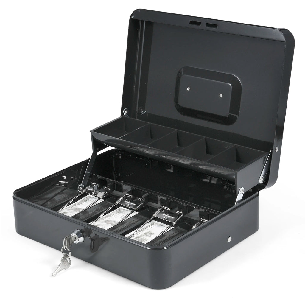 Cash Box Metal Money Box with Coin Trays Cantilever Design & Bill Slot with Spring Clips to Organize for Valuables Zpaxo black