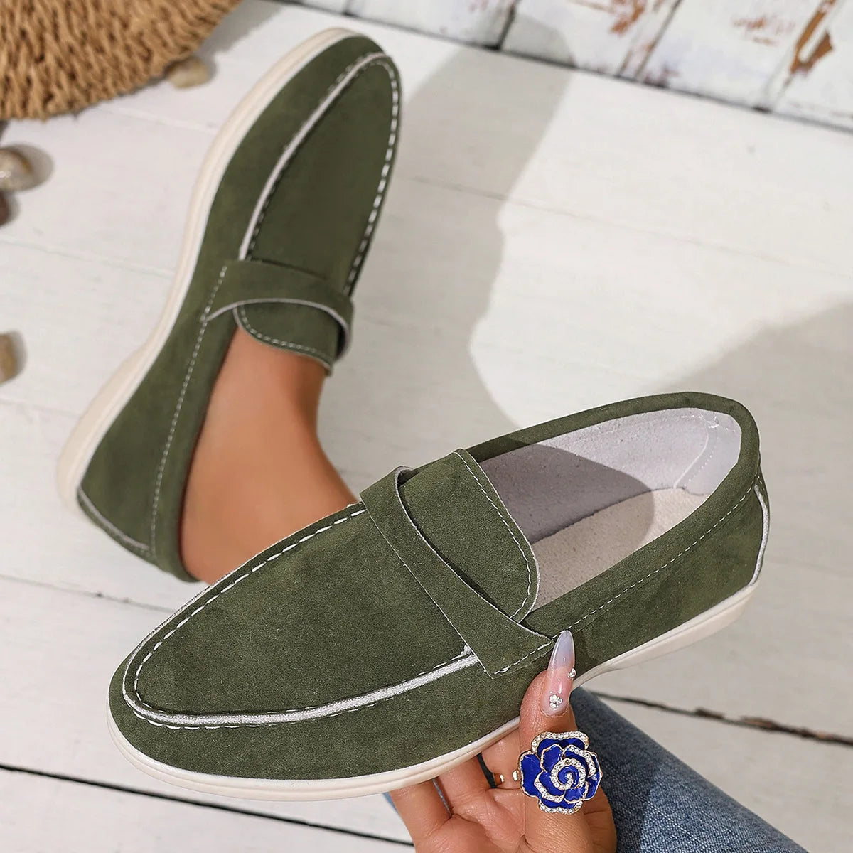 Women's Platform Driving Shoes Round Head Sheep White Green Black