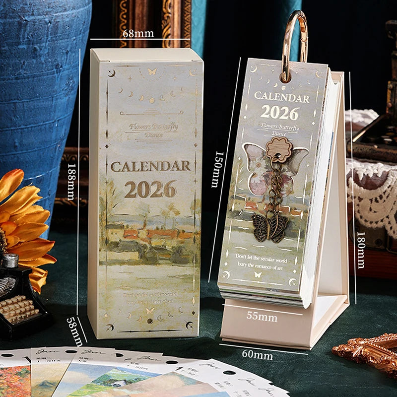 2026 Desk Calendar With Gold Ring Binding 365 Days Vintage Oil Painting Inspirational Quotes One-Way Page Turn Daily Planner Zpaxo A2