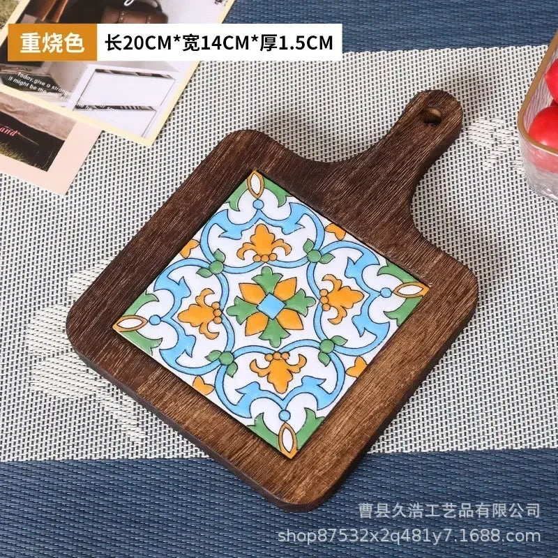 Hot Japanese Restaurant Retro Solid Wood Tile Handle Pot Pad Wooden Anti Scald Plate Pad Household Casserole Insulation Wood Pad Zpaxo 02 20 14 1.5cm
