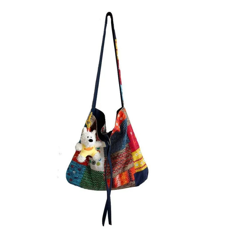 Double-sided Bag Bohemian Denim Canvas Bag Versatile Commuter Tote Bag Available on Both Sides Retro Contrasting Messenger Bag Zpaxo messenger bag 43x35cm