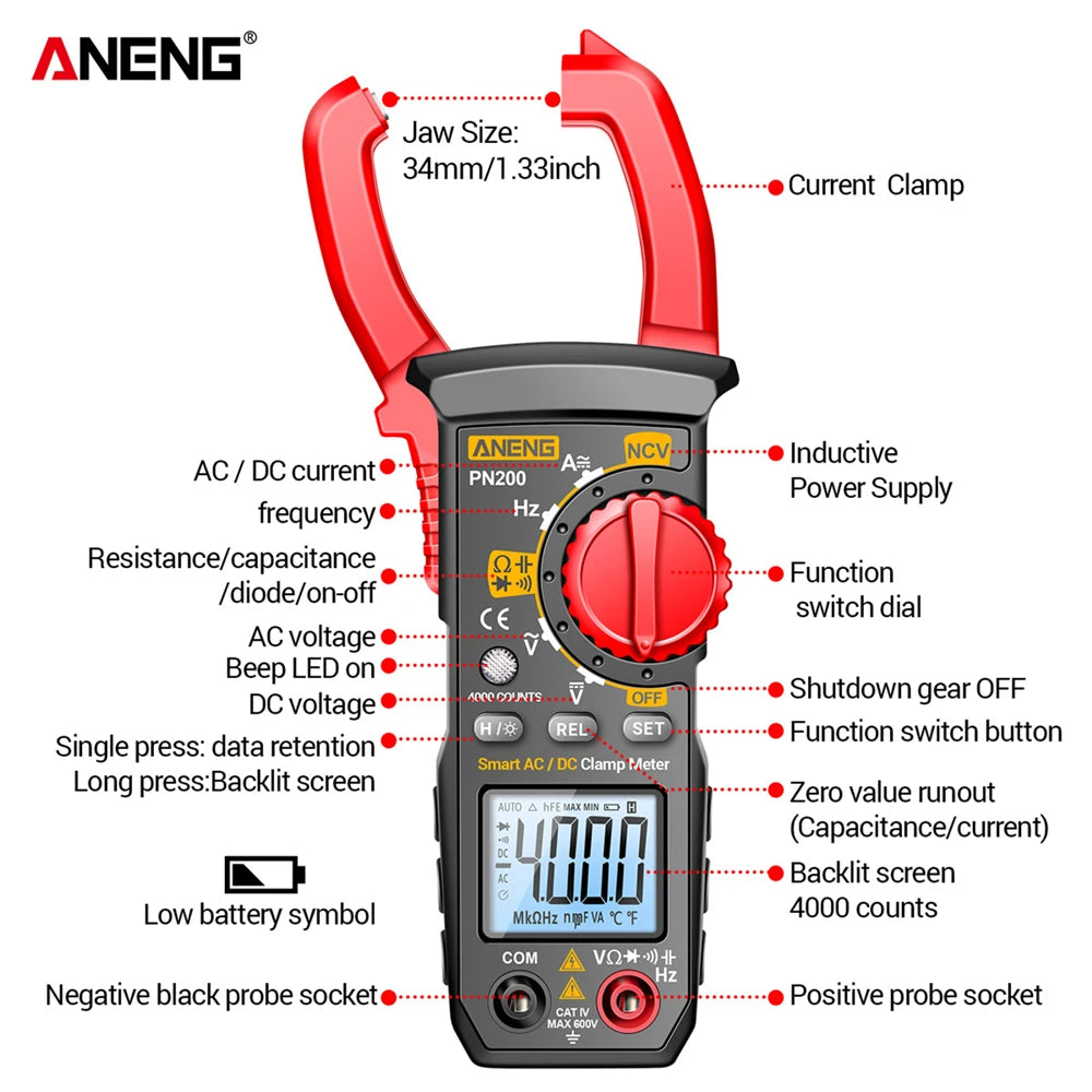 ANENG PN200 Digital Clamp Meters NCV Ohm Test DC AC 600A Current 4000
