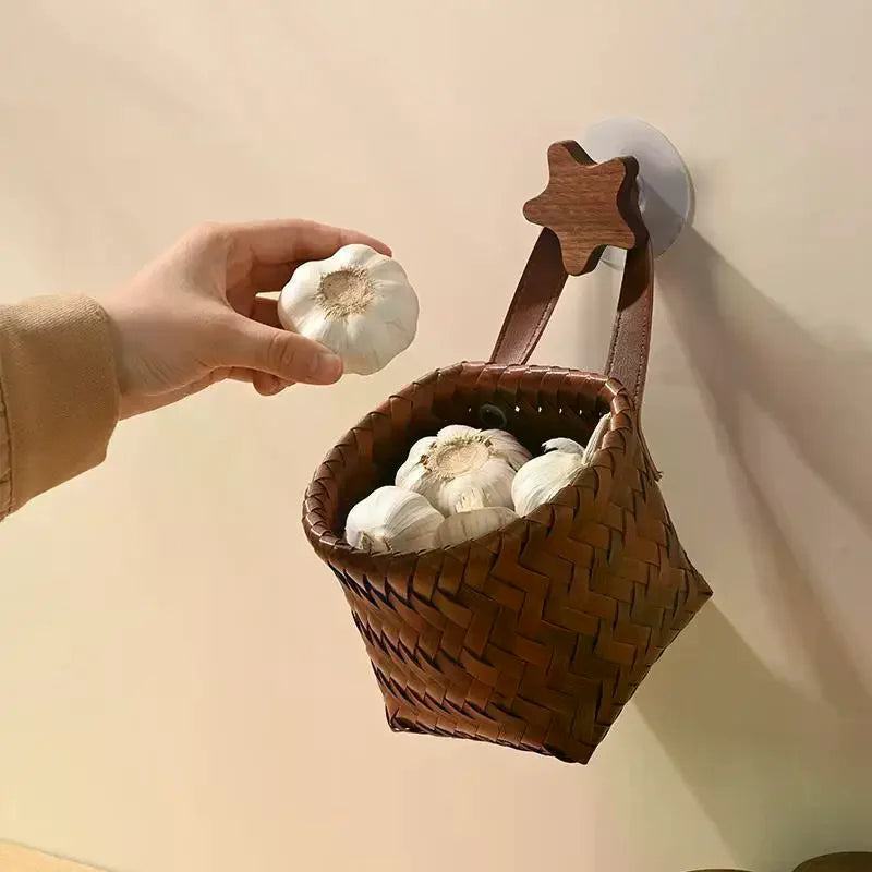 Wall Hanging Basket Boho Style Hand-Woven Hanging Storage Baskets Kitchen Ginger Garlic Scallion Egg Fruit Storage Box Zpaxo