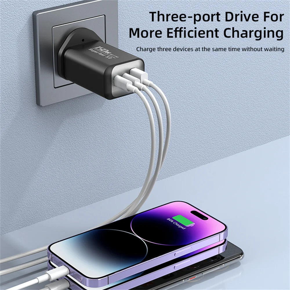 3-in-1 USB-C 150W Fast Wall Charger – EU/UK/US Plug USB-C Wall Charger Zpaxo