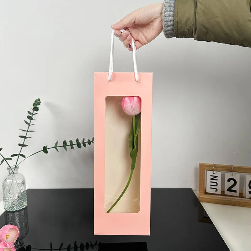 Flower Gift Bag Transparent Window | Kraft Paper Bouquet Tote Flower Gift Bag Zpaxo