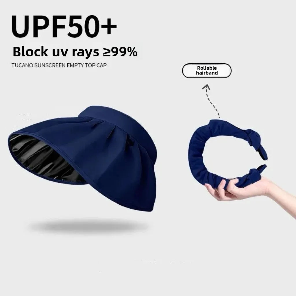 UPF50+ Women's Crownless Sun Hat Foldable Headband Korean Wide Brim