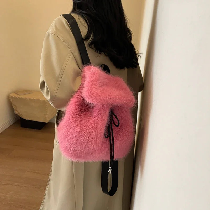 Design Faux Fox Fur Backpack Women Drawstring Flap Magnetic Closure