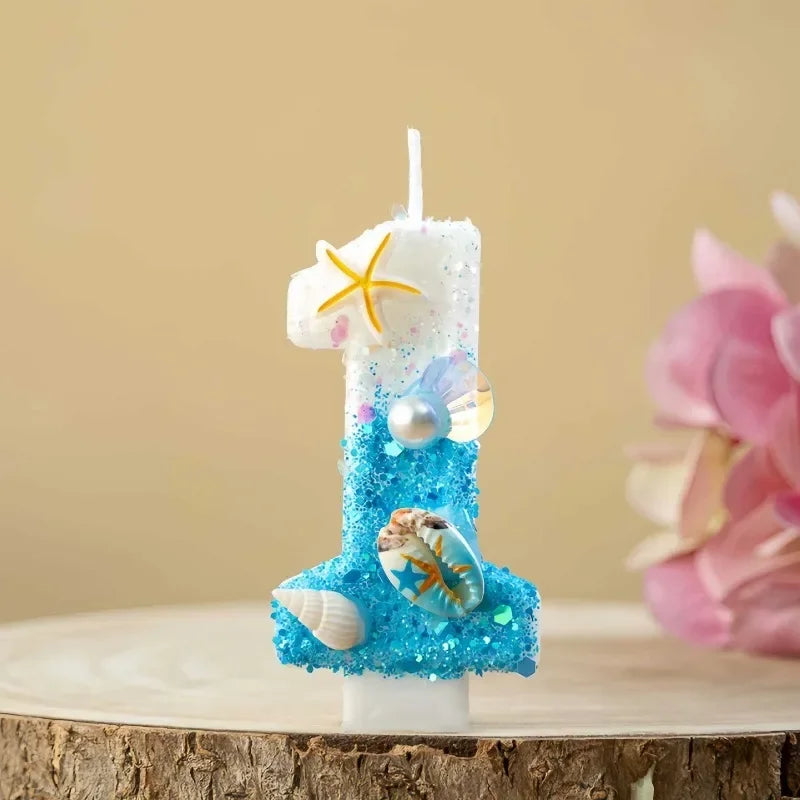 Ocean-themed Blue White Glitter Number Birthday Candles Seashell Zpaxo number 1 B15040B