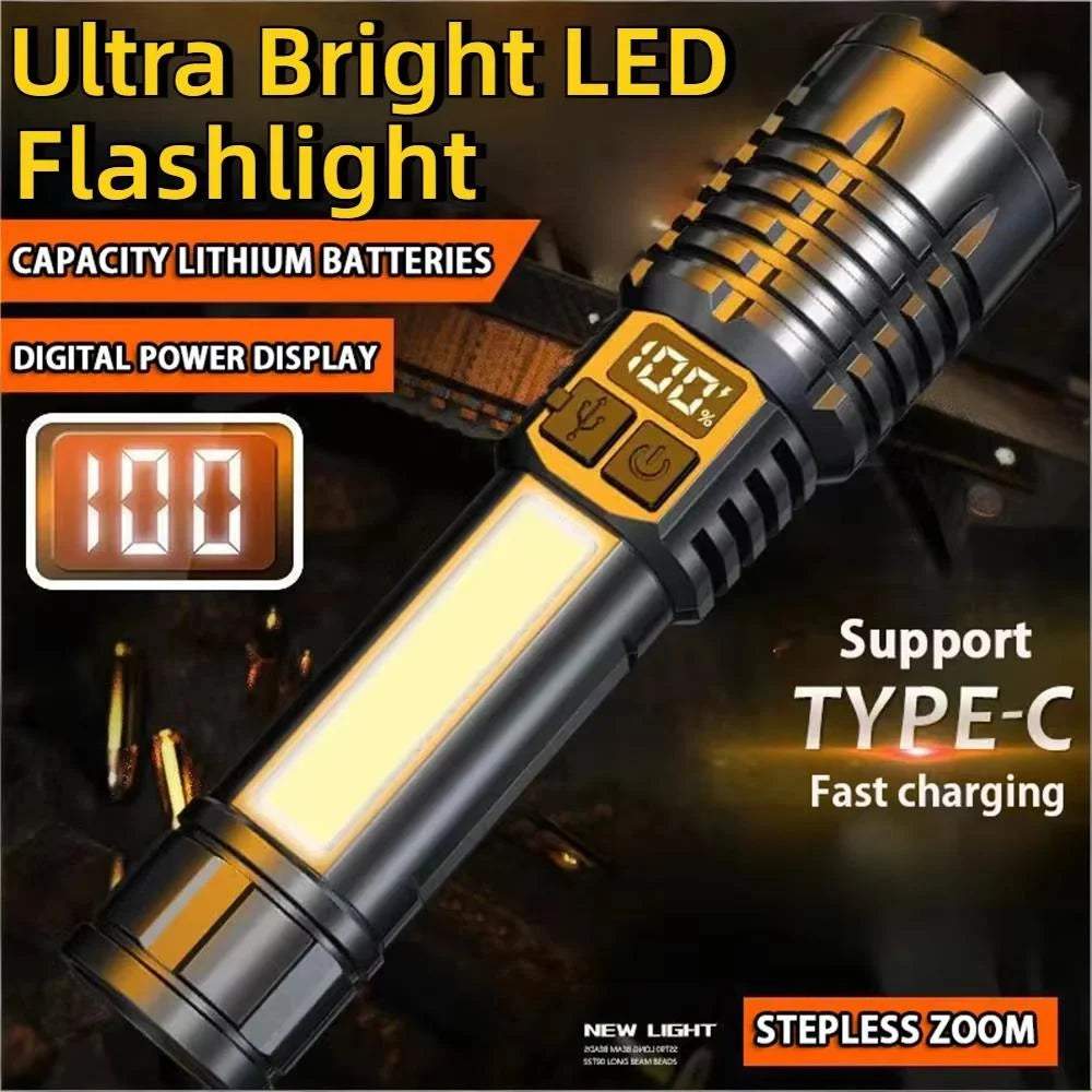 Super Bright LED Flashlight Type-C Rechargeable Tactical Torch with COB Side Light Waterproof Zoomable Camping Outdoor Lantern Zpaxo