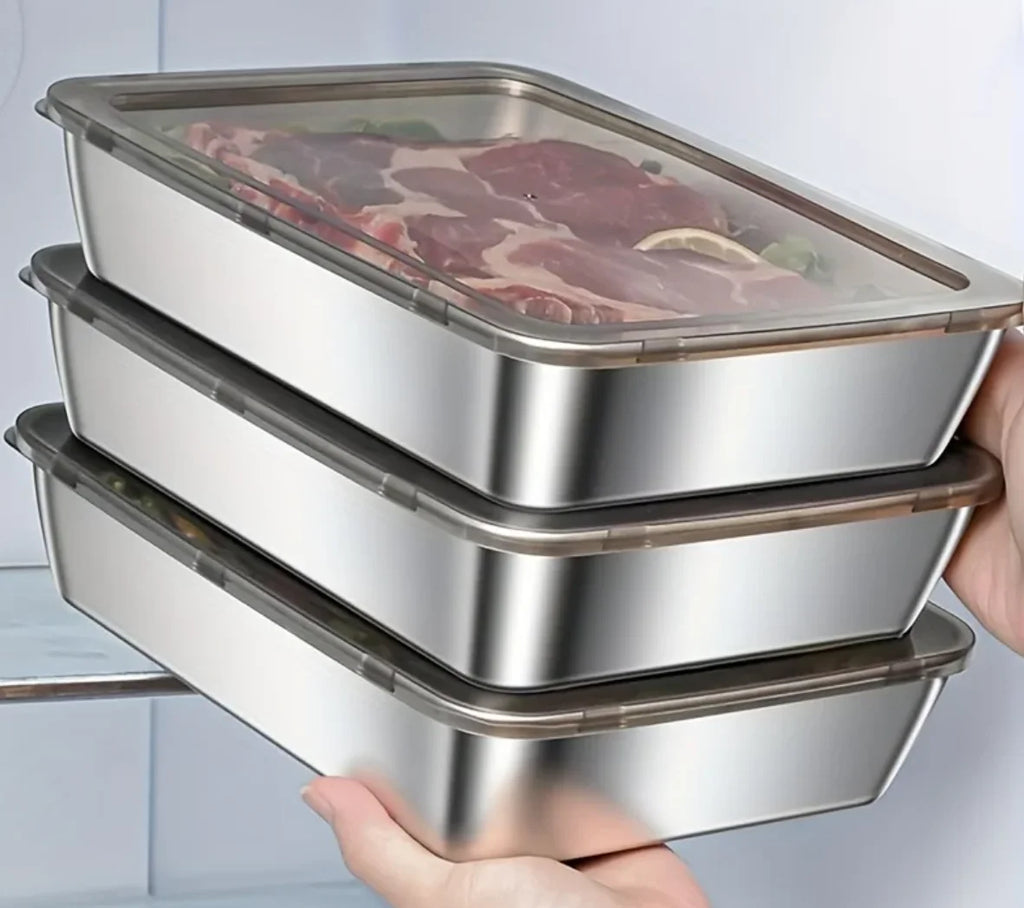 Stainless Steel Food Storage Container Rectangle Dish with Cover Noodles Fruit Tray Lunch Box Thick Refrigerator Organizer Plate Zpaxo 3pcs As shown