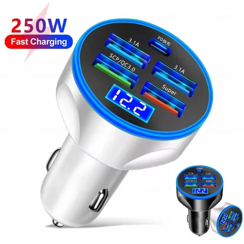 250W 5 Port Car Charger Digital Display Super Fast Charging Kit For iPhone/Xiaomi/Huawei/Realme/OPPO Car Adapter Accessories Kit Zpaxo