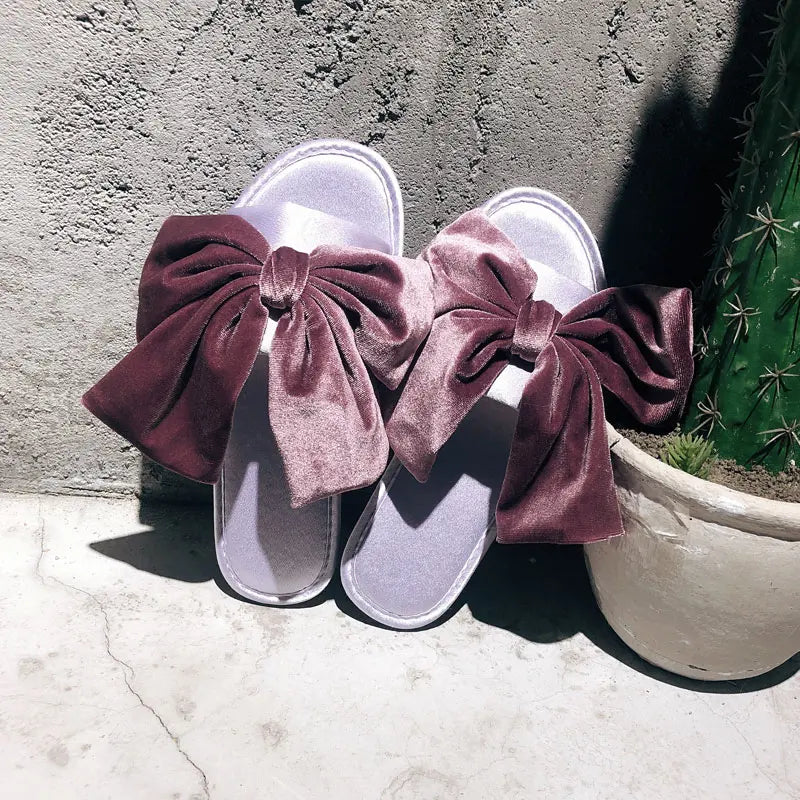 Slippers for Women 2025 Summer Velvet Bow Silk Slippers Comfortable At Home Soft Bottom Anti Slip Cool Slippers for Women Zpaxo