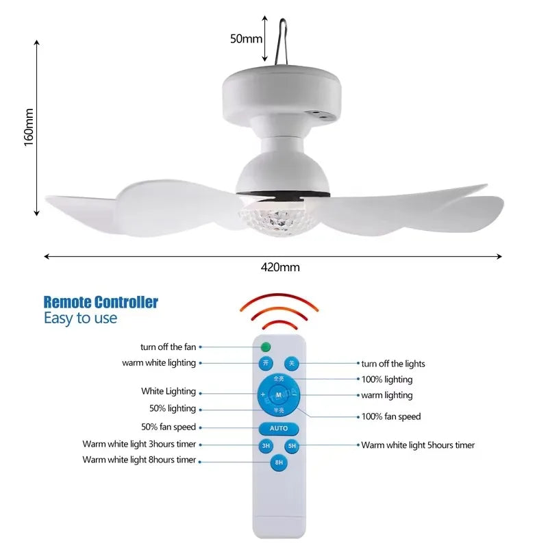 Solar Powered Charging Ceiling Fan Lights with 3 Color Led Lighting Portable for Outdoor Indoor Use Solar Fan Bulb Lamp Zpaxo
