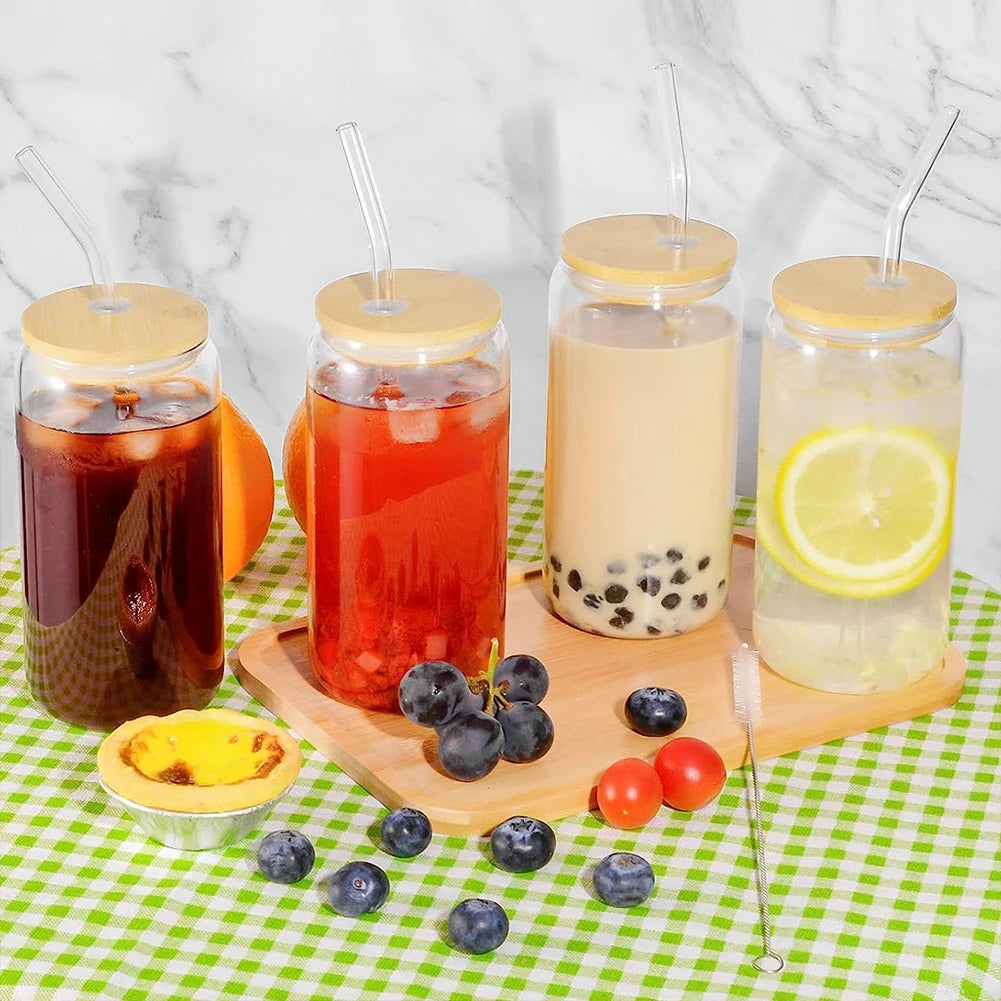 Drinking Glasses with Bamboo Lids and Glass Straw and Cleaning Brush 16oz Can Shaped Beer Coffee Cocktail Whiskey Cups Glasses Zpaxo