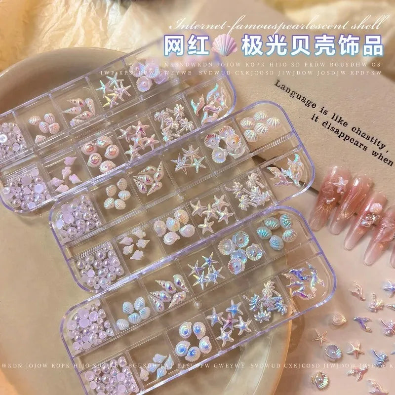 Mixed Summer Aurora Shell Nail Rhinestone Ocean Theme Starfish Coconut Tree Resin Nail Charm Decoration DIY Manicure Accessories Zpaxo